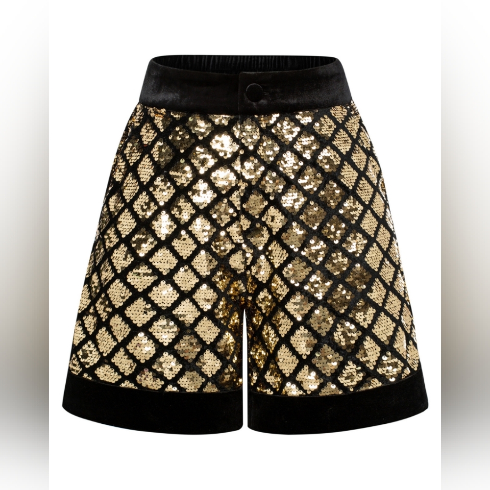 NWT - Belle Poque Vintage Style Sequined Stretch Champagne Shorts - XL
